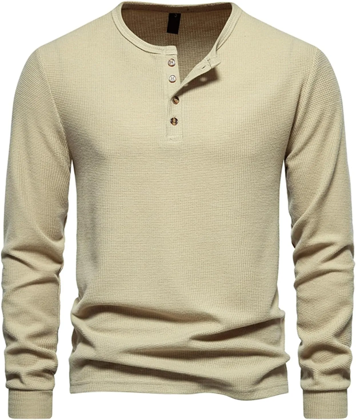 Men Casual Solid Color Pullover Long Sleeve Waffle Shirts Four Button Crew Neck T-Shirt Sports Fitness Polo Shirts