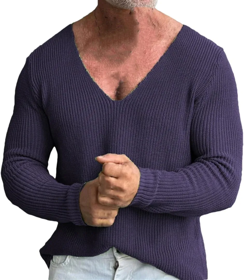 Men Casual Solid Sweater V-Neck Loose Cotton Sweater Pullovers Elasticity Fashion Slim Fit Pullover