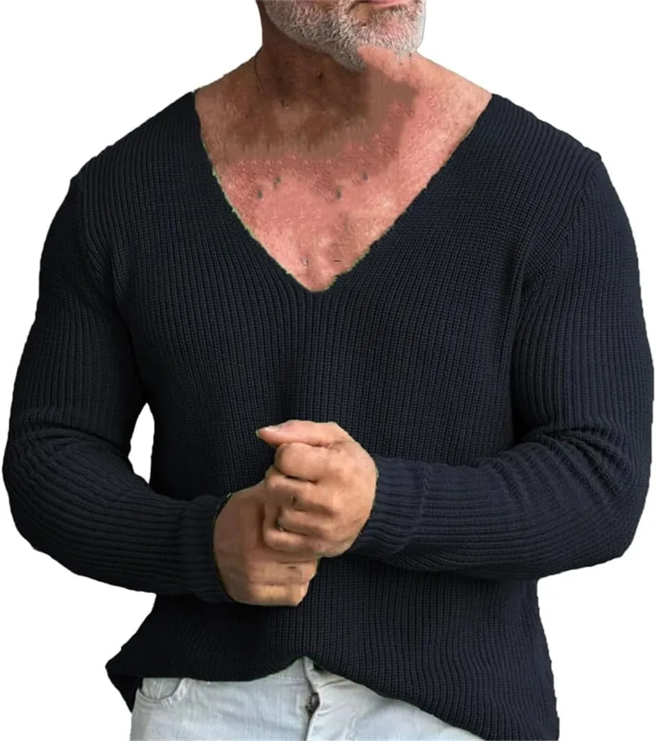 Men Casual Solid Sweater V-Neck Loose Cotton Sweater Pullovers Elasticity Fashion Slim Fit Pullover