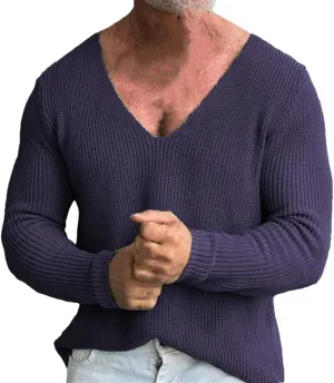 Men Casual Solid Sweater V-Neck Loose Cotton Sweater Pullovers Elasticity Fashion Slim Fit Pullover