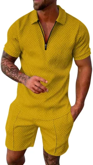 Men's 2 Piece Summer Beach Outfits Quarter Zip T Shirts Short Set Solid Color Big and Tall Comfort Sport Suit