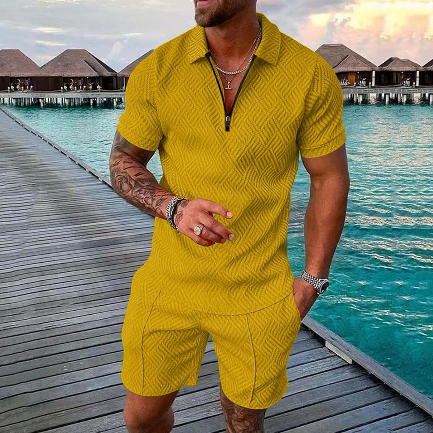 Men's 2 Piece Summer Beach Outfits Quarter Zip T Shirts Short Set Solid Color Big and Tall Comfort Sport Suit