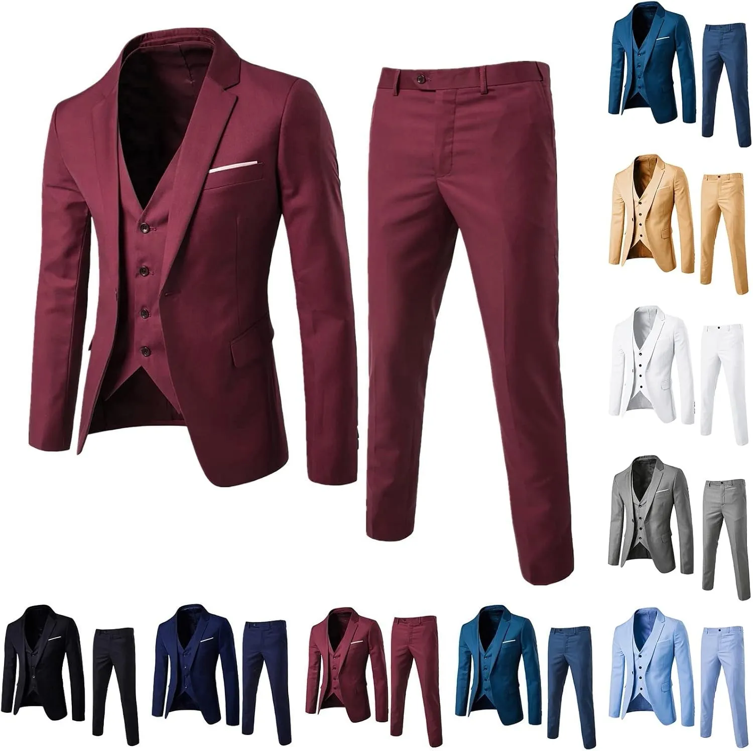 Men's 3 Pieces Suit Slim Fit 2 Button Business Dress Suits Blazer Vest Pants Set For Men Wedding Party Tuxedo Suits