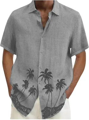 Mens Button Down Linen Shirts Short Sleeve Hawaiian Shirt Casual Shirt for Men Beach Summer Vacation Hippie Shirts