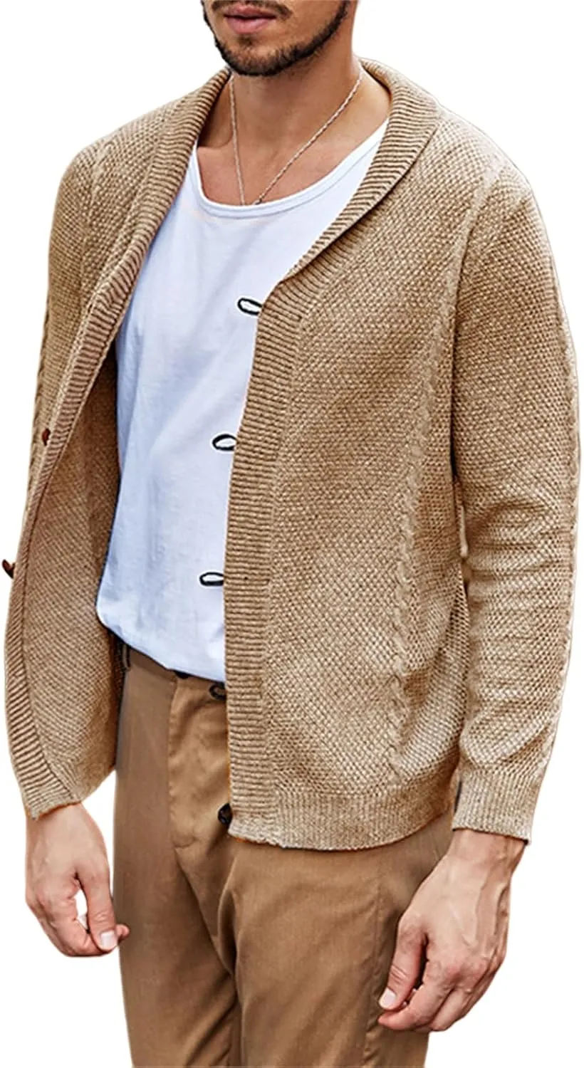 Men's Casual Cardigan Cable Knitted Sweater Cotton Button Down Relax Fit V-Neck Long Sleeve Jacket