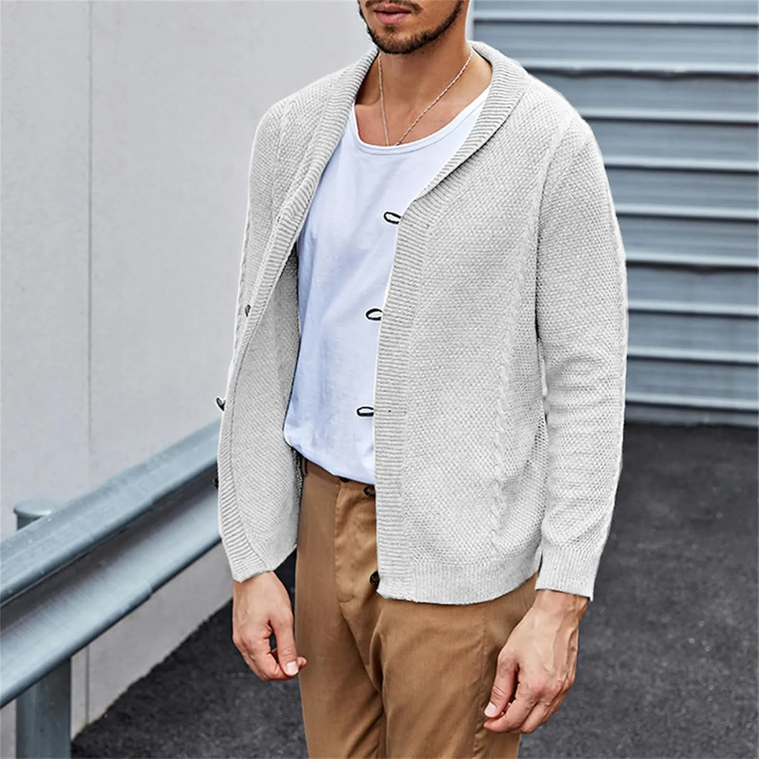 Men's Casual Cardigan Cable Knitted Sweater Cotton Button Down Relax Fit V-Neck Long Sleeve Jacket