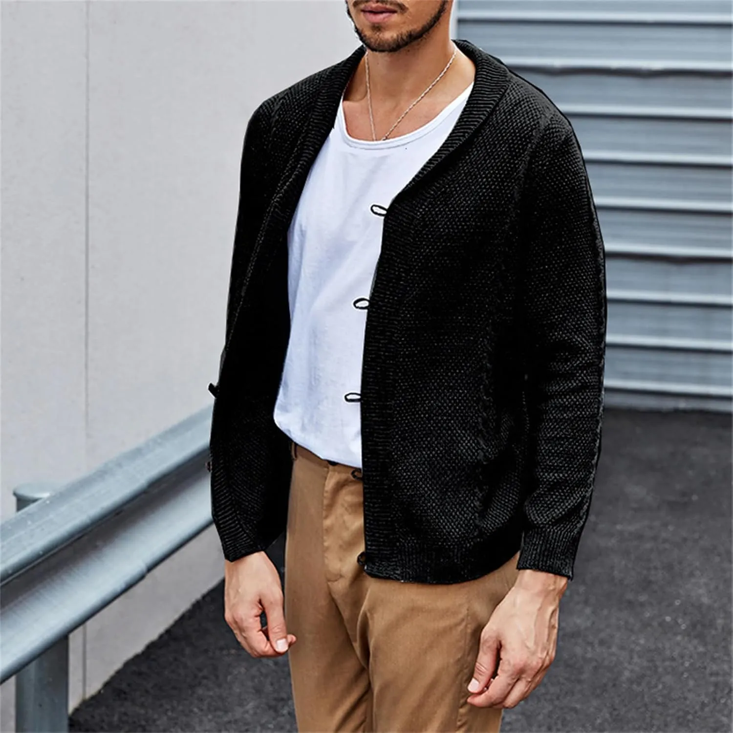 Men's Casual Cardigan Cable Knitted Sweater Cotton Button Down Relax Fit V-Neck Long Sleeve Jacket