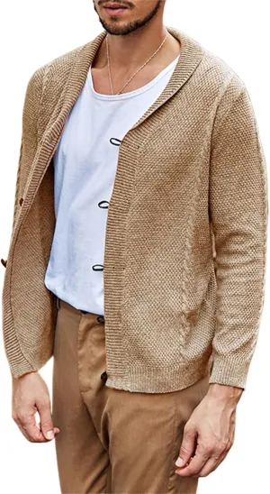 Men's Casual Cardigan Cable Knitted Sweater Cotton Button Down Relax Fit V-Neck Long Sleeve Jacket