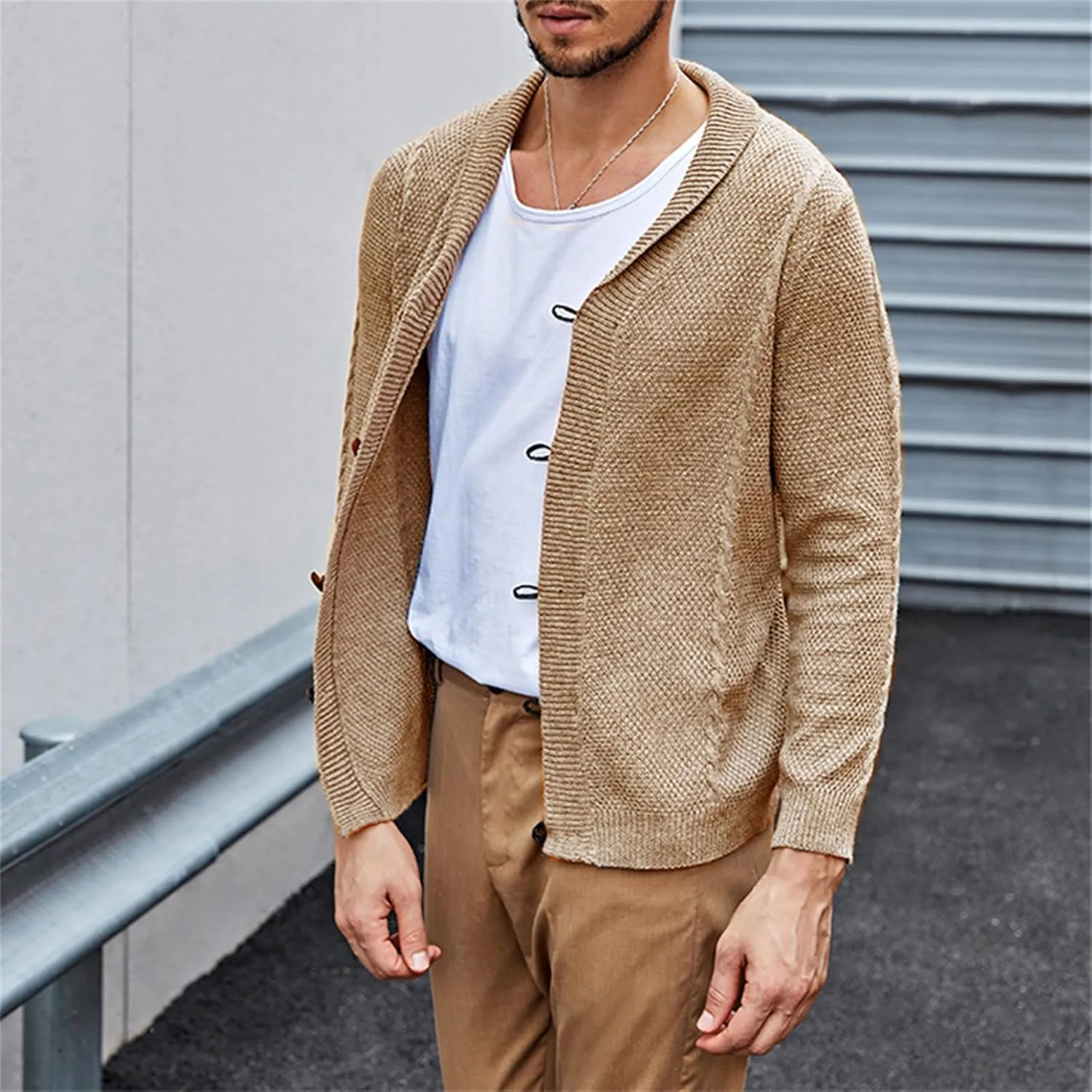 Men's Casual Cardigan Cable Knitted Sweater Cotton Button Down Relax Fit V-Neck Long Sleeve Jacket