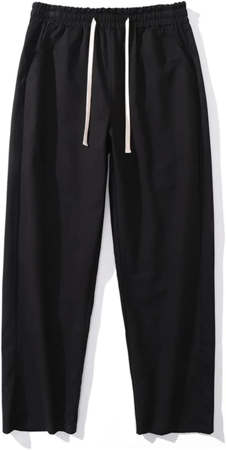 Mens Casual Cotton Pants Elastic Waist Drawstring Straight Leg Trousers Lightweight Breathable Pants with Pockets