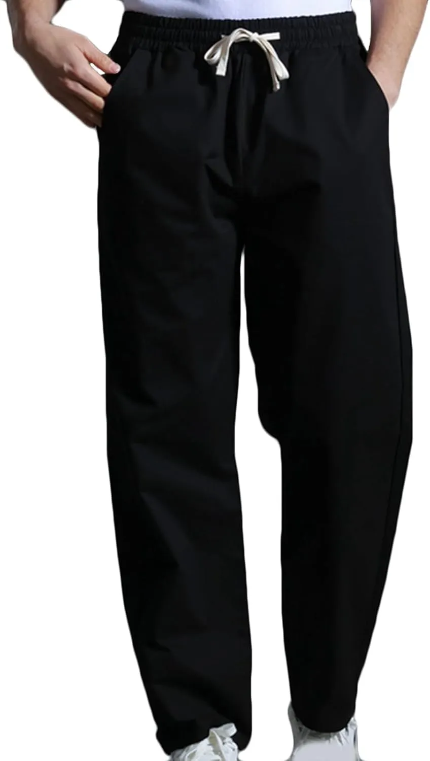 Mens Casual Cotton Pants Elastic Waist Drawstring Straight Leg Trousers Lightweight Breathable Pants with Pockets