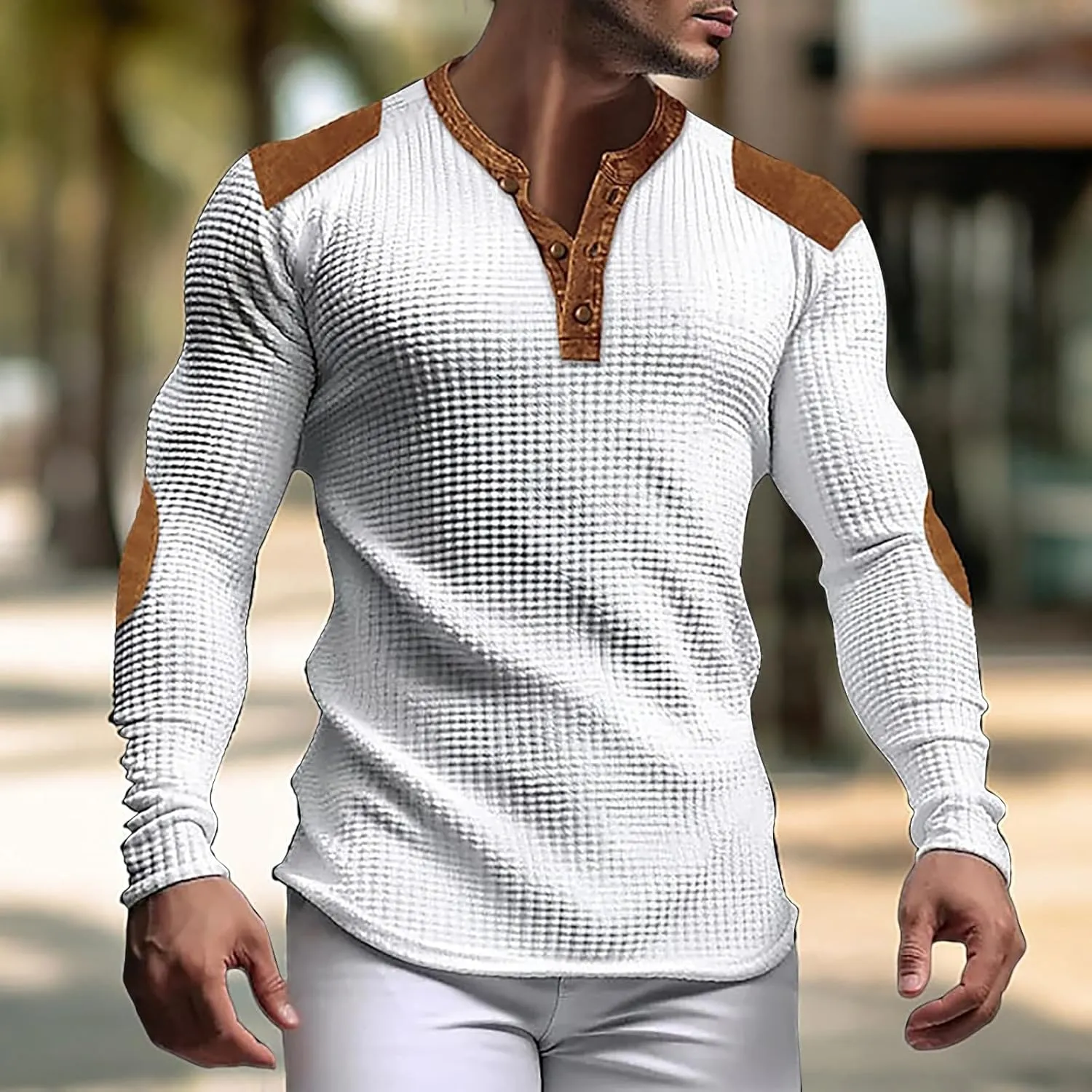 Men's Casual Henley Shirts Long Sleeve Banded Collar Waffle Knit Shirt Muscle Fit Quick Dry Stretch Polo Sweatshirt