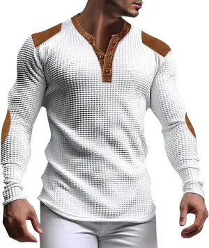 Men's Casual Henley Shirts Long Sleeve Banded Collar Waffle Knit Shirt Muscle Fit Quick Dry Stretch Polo Sweatshirt