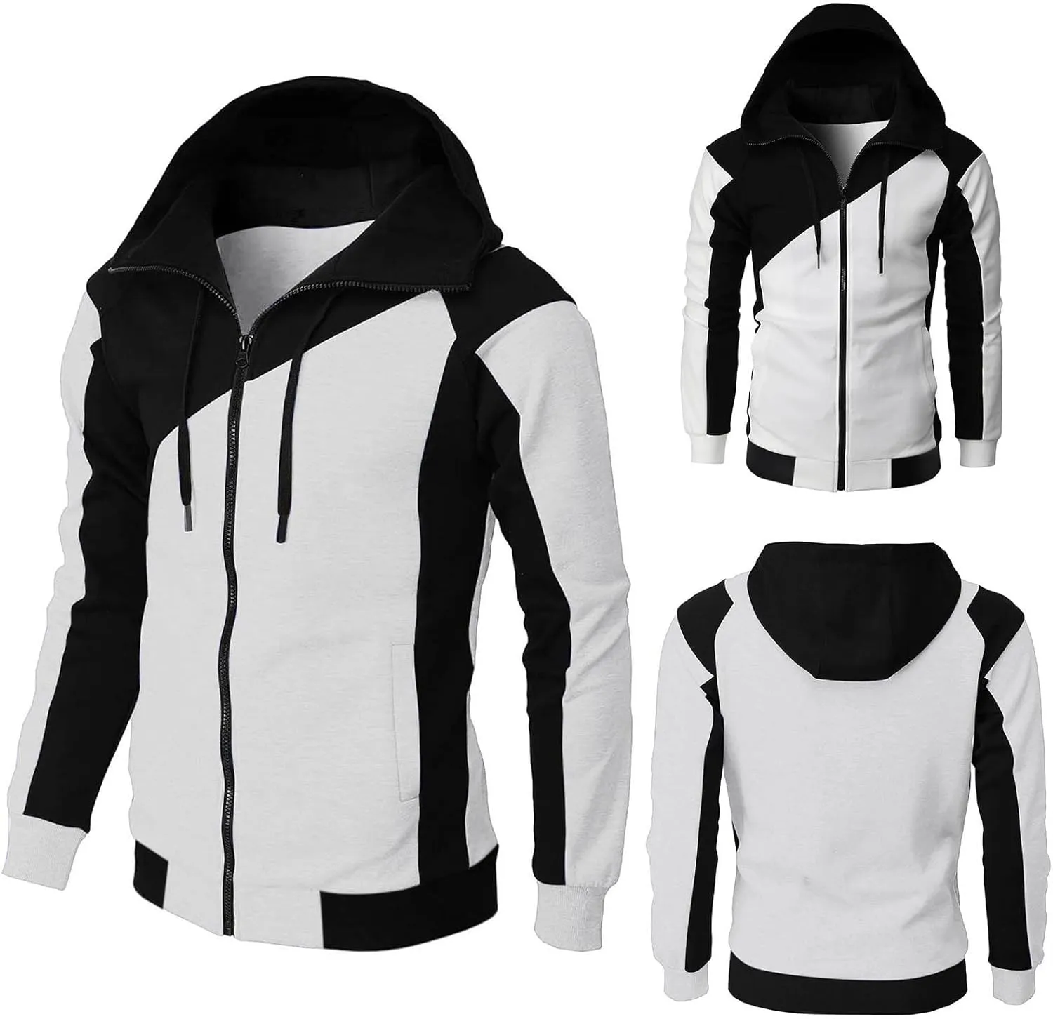 Mens Casual Zipper Hoodies Patchwork Jacket Fall Full Zip Sweatshirts Loose Zip-Front Drawstring Hooded Sweatshirt