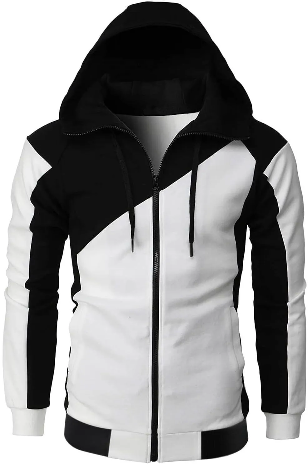 Mens Casual Zipper Hoodies Patchwork Jacket Fall Full Zip Sweatshirts Loose Zip-Front Drawstring Hooded Sweatshirt