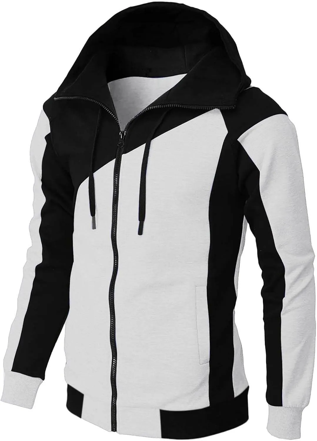 Mens Casual Zipper Hoodies Patchwork Jacket Fall Full Zip Sweatshirts Loose Zip-Front Drawstring Hooded Sweatshirt