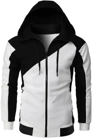 Mens Casual Zipper Hoodies Patchwork Jacket Fall Full Zip Sweatshirts Loose Zip-Front Drawstring Hooded Sweatshirt