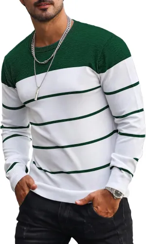 Men's Color Block Striped Sweater Long Sleeve Crewneck Pullovers Casual Slim Fit Fall Knit Tops