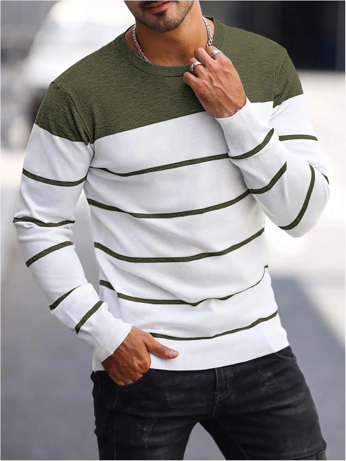 Men's Color Block Striped Sweater Long Sleeve Crewneck Pullovers Casual Slim Fit Fall Knit Tops