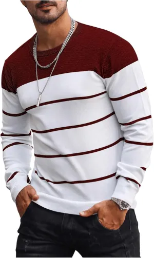 Men's Color Block Striped Sweater Long Sleeve Crewneck Pullovers Casual Slim Fit Fall Knit Tops