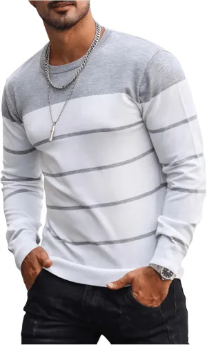 Men's Color Block Striped Sweater Long Sleeve Crewneck Pullovers Casual Slim Fit Fall Knit Tops