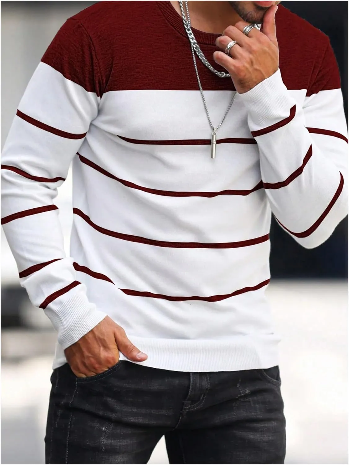 Men's Color Block Striped Sweater Long Sleeve Crewneck Pullovers Casual Slim Fit Fall Knit Tops