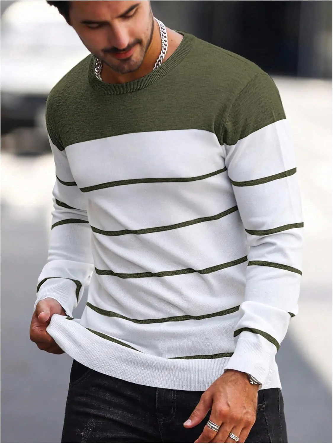 Men's Color Block Striped Sweater Long Sleeve Crewneck Pullovers Casual Slim Fit Fall Knit Tops