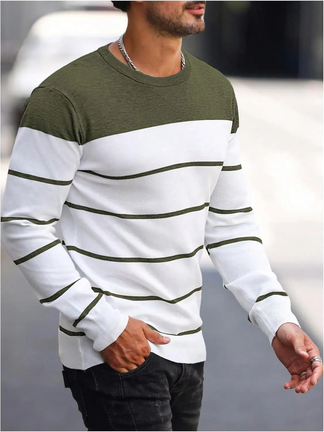 Men's Color Block Striped Sweater Long Sleeve Crewneck Pullovers Casual Slim Fit Fall Knit Tops