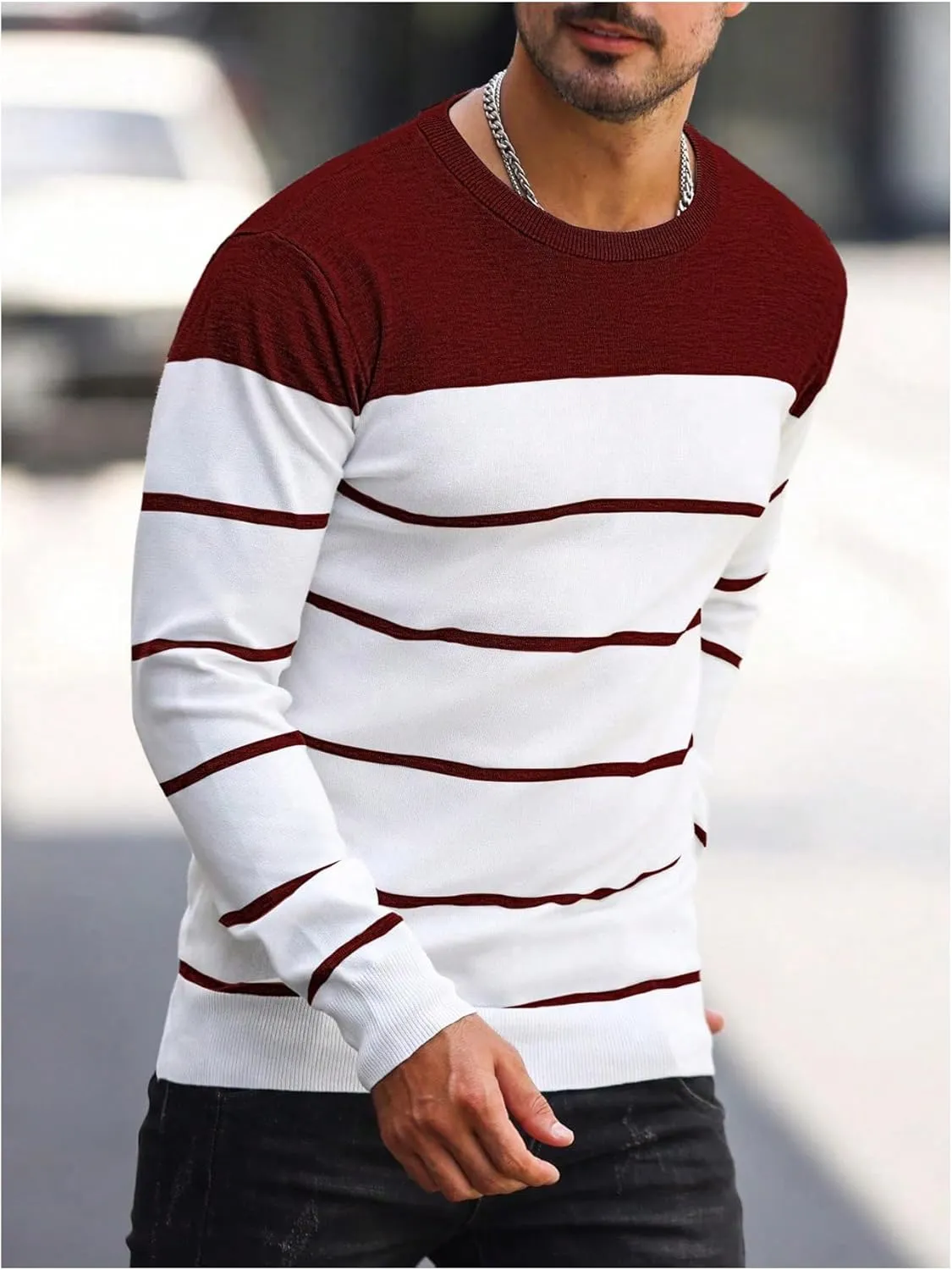 Men's Color Block Striped Sweater Long Sleeve Crewneck Pullovers Casual Slim Fit Fall Knit Tops