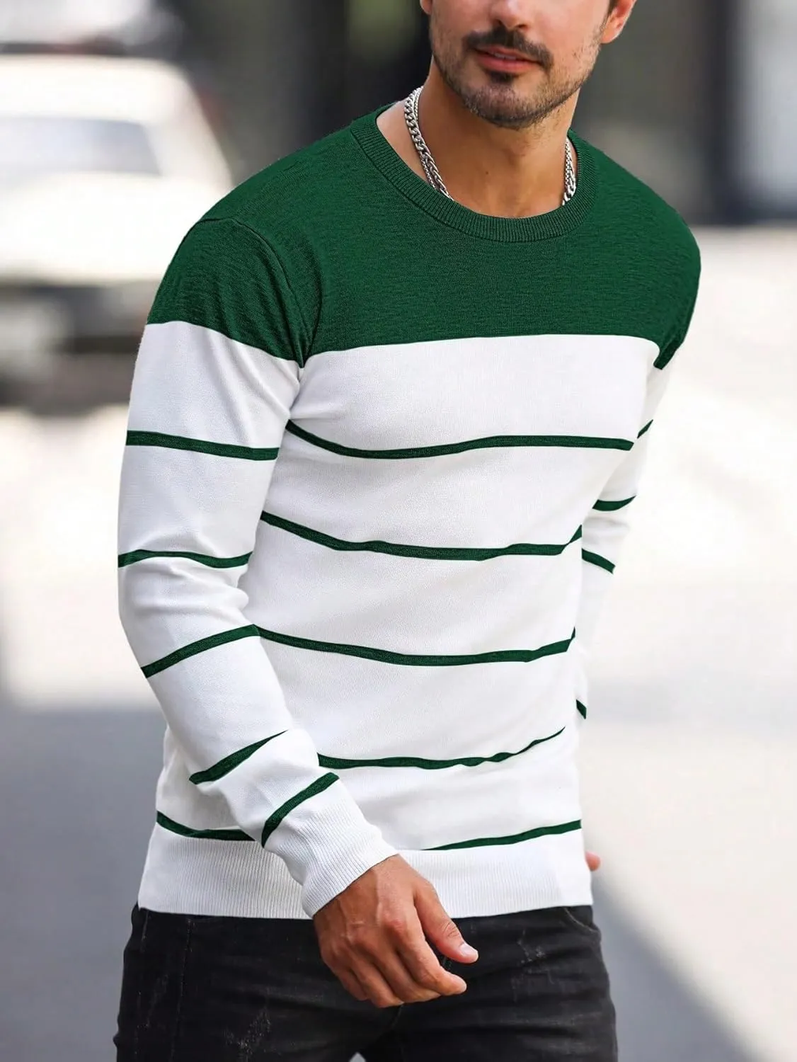 Men's Color Block Striped Sweater Long Sleeve Crewneck Pullovers Casual Slim Fit Fall Knit Tops