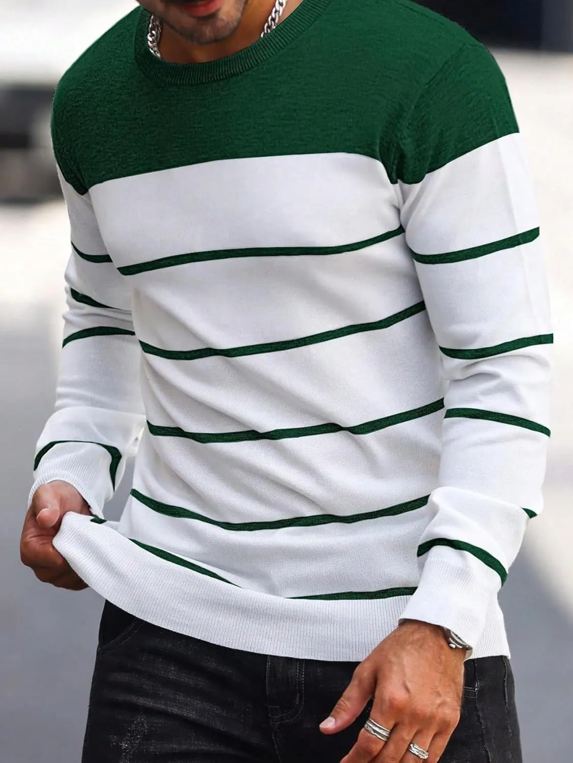 Men's Color Block Striped Sweater Long Sleeve Crewneck Pullovers Casual Slim Fit Fall Knit Tops