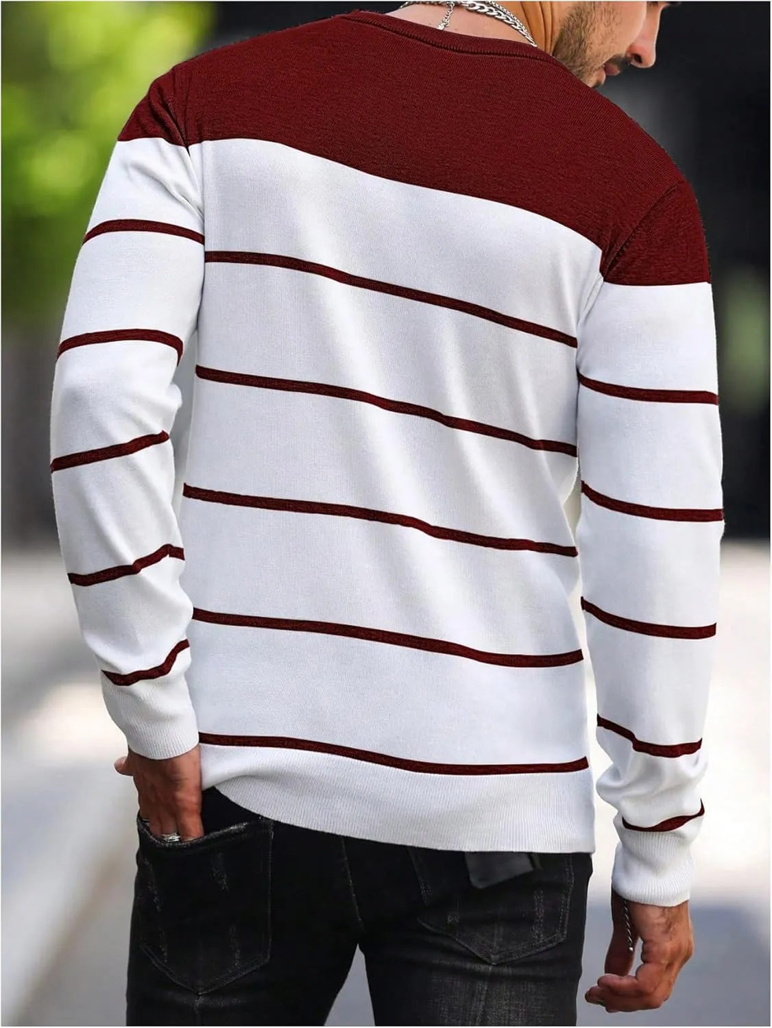 Men's Color Block Striped Sweater Long Sleeve Crewneck Pullovers Casual Slim Fit Fall Knit Tops