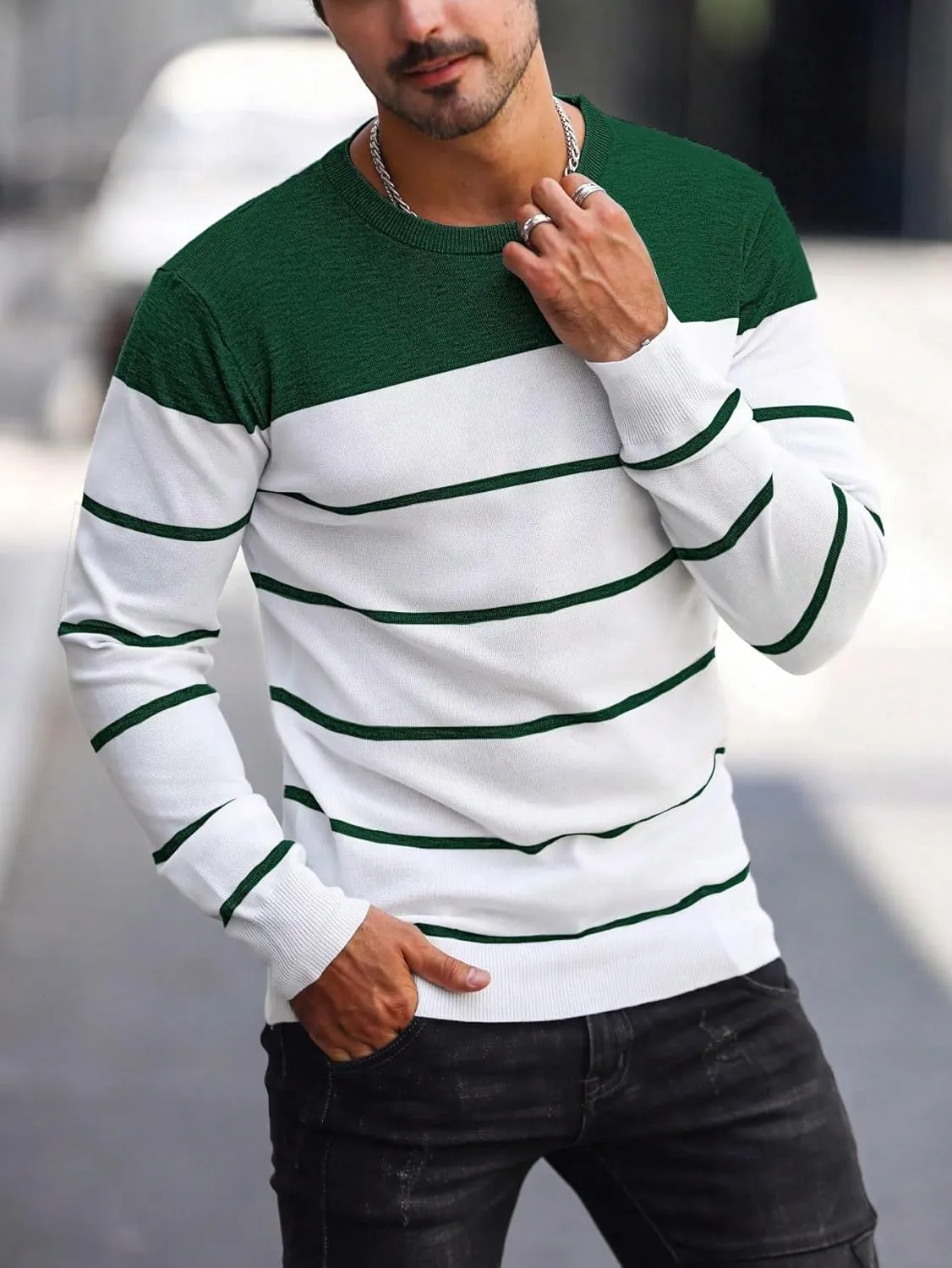 Men's Color Block Striped Sweater Long Sleeve Crewneck Pullovers Casual Slim Fit Fall Knit Tops