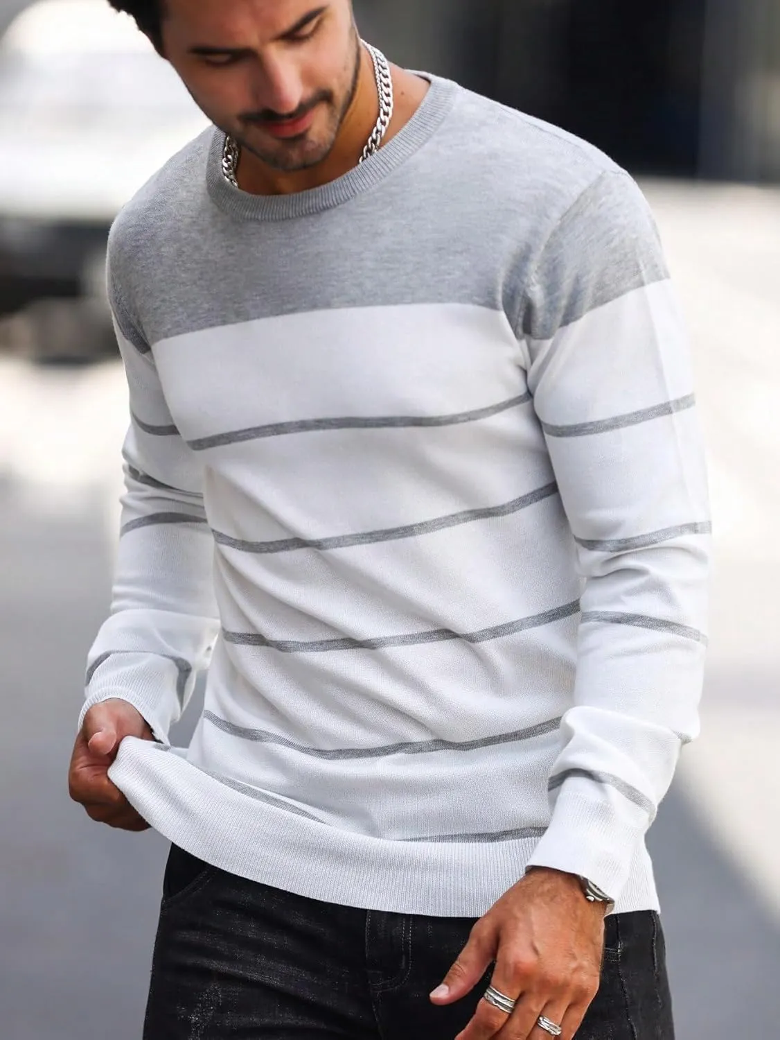 Men's Color Block Striped Sweater Long Sleeve Crewneck Pullovers Casual Slim Fit Fall Knit Tops