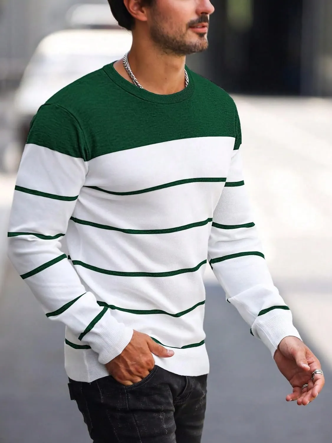 Men's Color Block Striped Sweater Long Sleeve Crewneck Pullovers Casual Slim Fit Fall Knit Tops