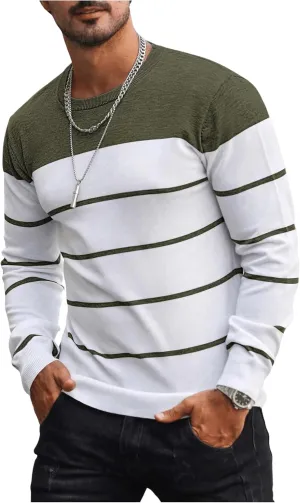 Men's Color Block Striped Sweater Long Sleeve Crewneck Pullovers Casual Slim Fit Fall Knit Tops