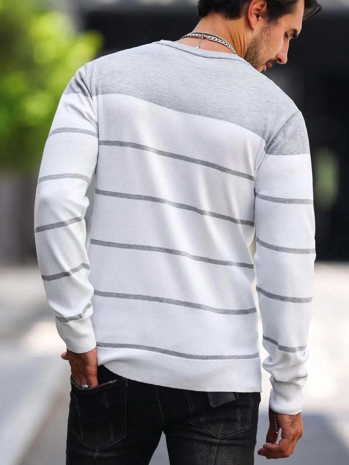 Men's Color Block Striped Sweater Long Sleeve Crewneck Pullovers Casual Slim Fit Fall Knit Tops