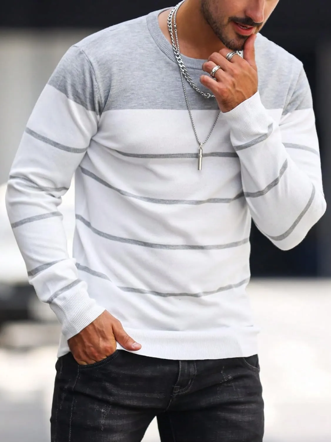 Men's Color Block Striped Sweater Long Sleeve Crewneck Pullovers Casual Slim Fit Fall Knit Tops