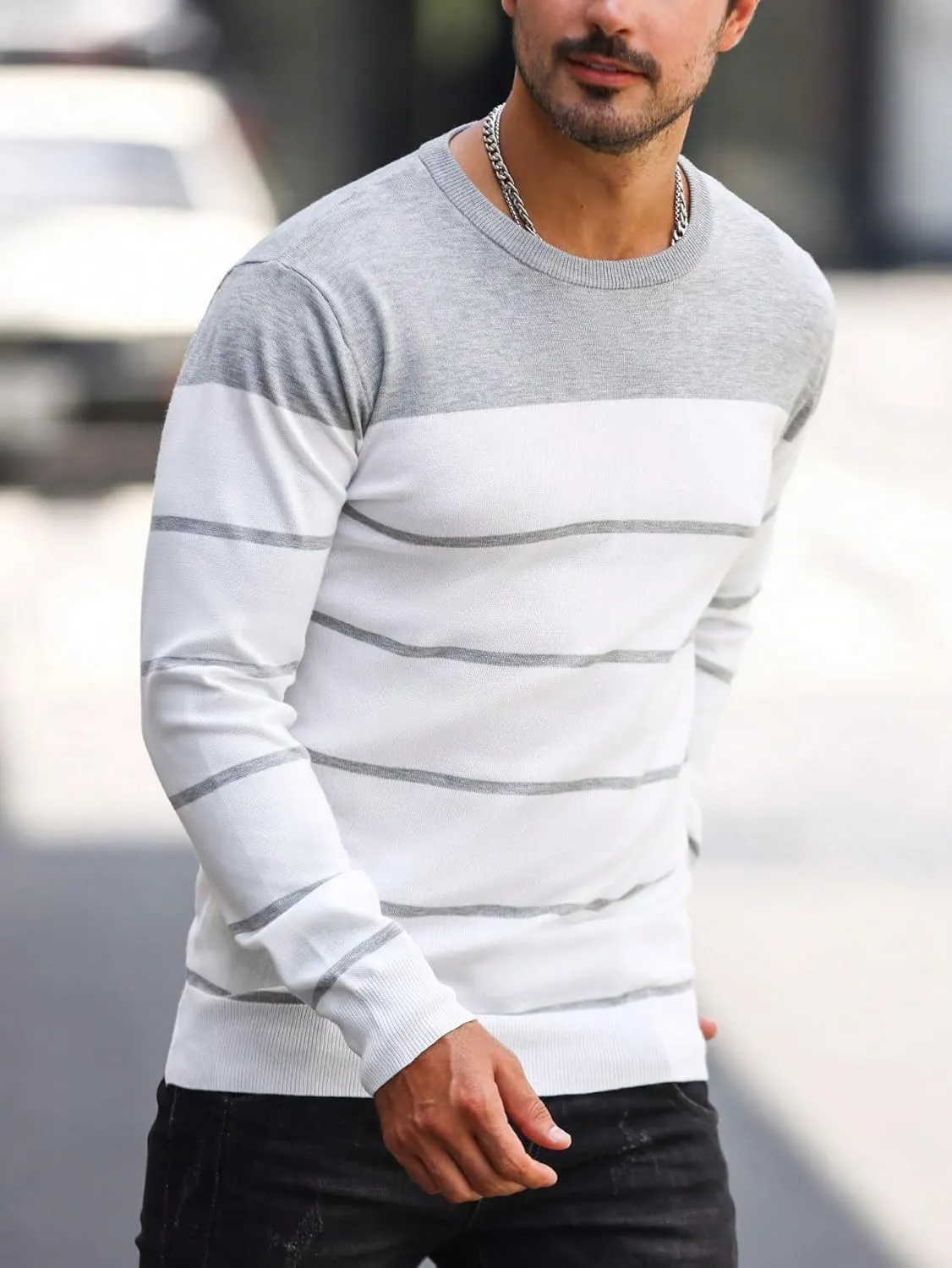 Men's Color Block Striped Sweater Long Sleeve Crewneck Pullovers Casual Slim Fit Fall Knit Tops