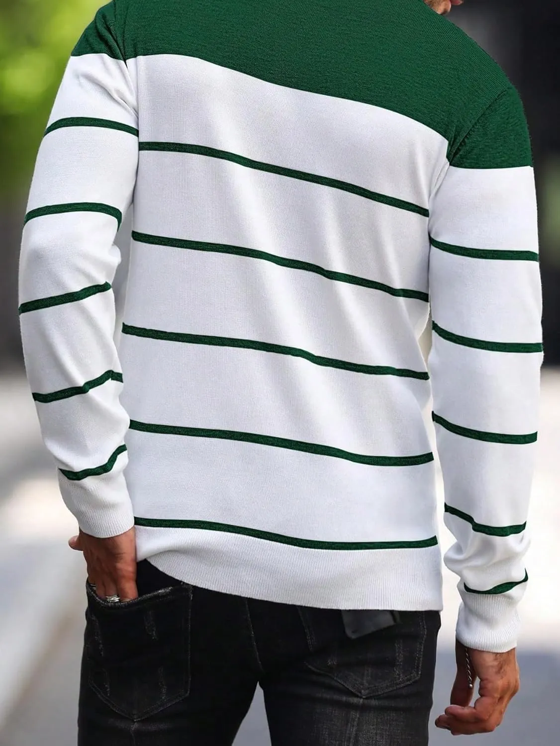 Men's Color Block Striped Sweater Long Sleeve Crewneck Pullovers Casual Slim Fit Fall Knit Tops