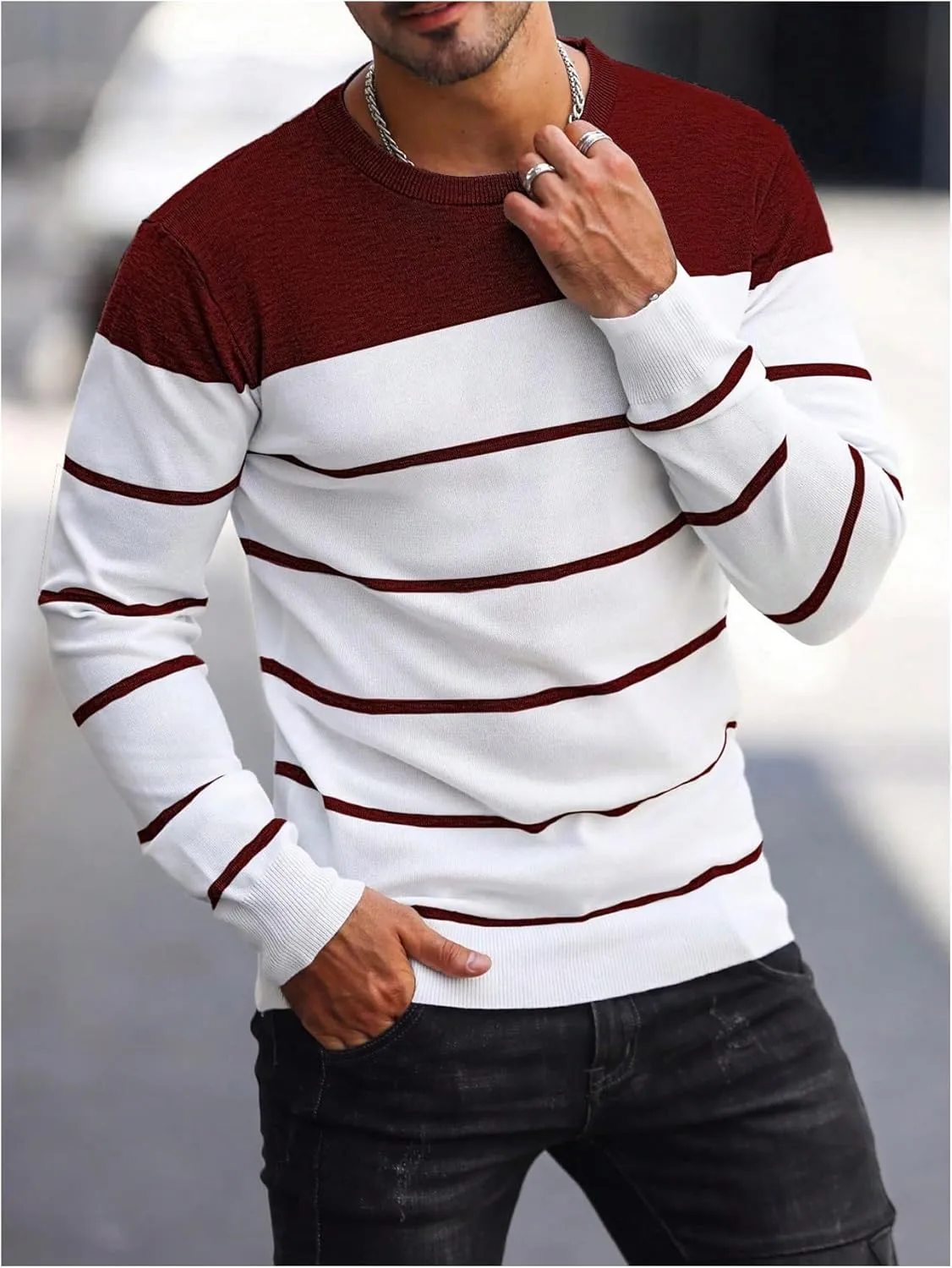 Men's Color Block Striped Sweater Long Sleeve Crewneck Pullovers Casual Slim Fit Fall Knit Tops
