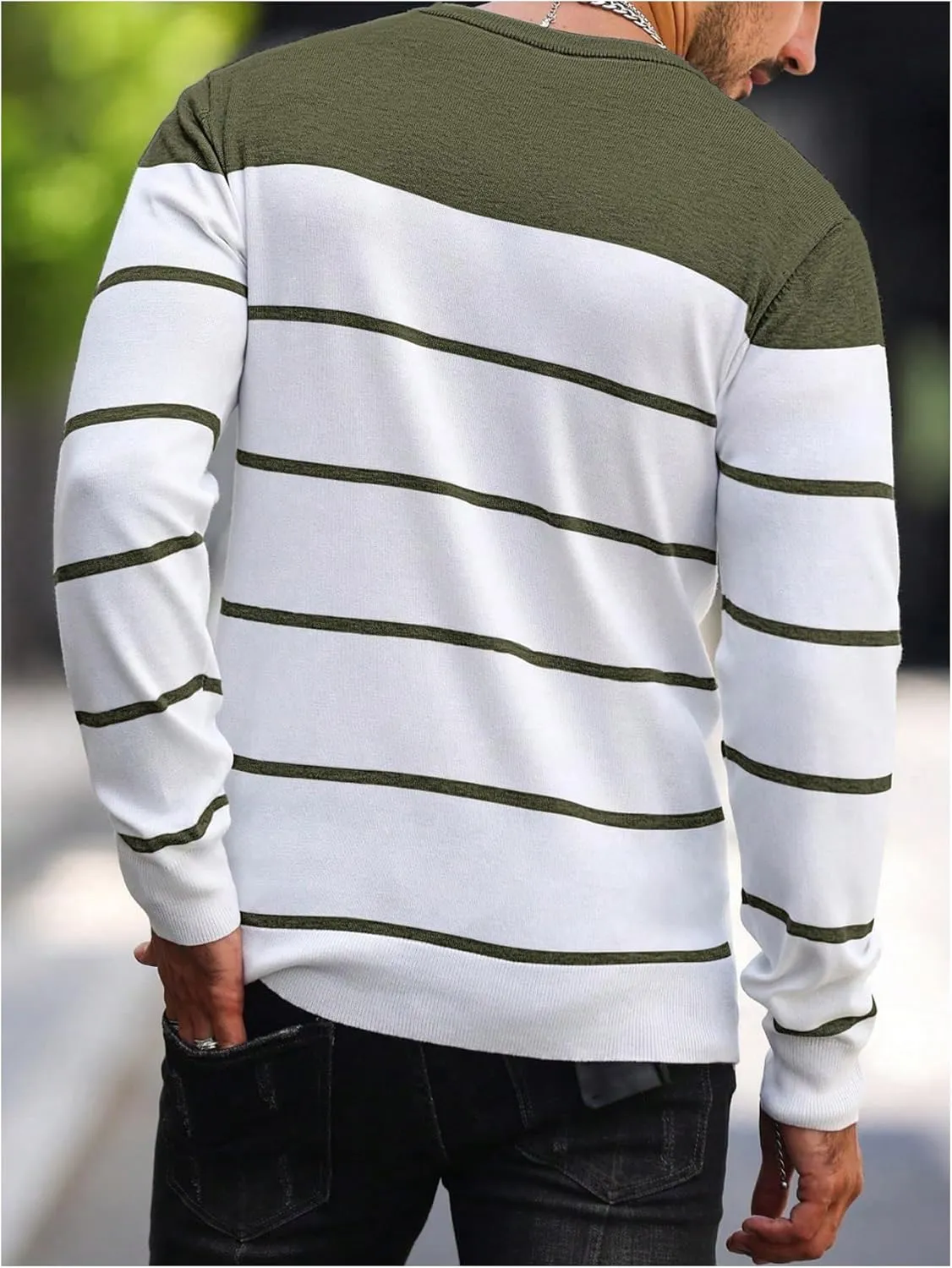 Men's Color Block Striped Sweater Long Sleeve Crewneck Pullovers Casual Slim Fit Fall Knit Tops