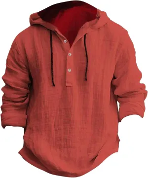 Mens Cotton Linen Henley Shirts with Hood Casual V Neck Drawstring Long Sleeve Hooded Sweatshirt Summer Button Shirt