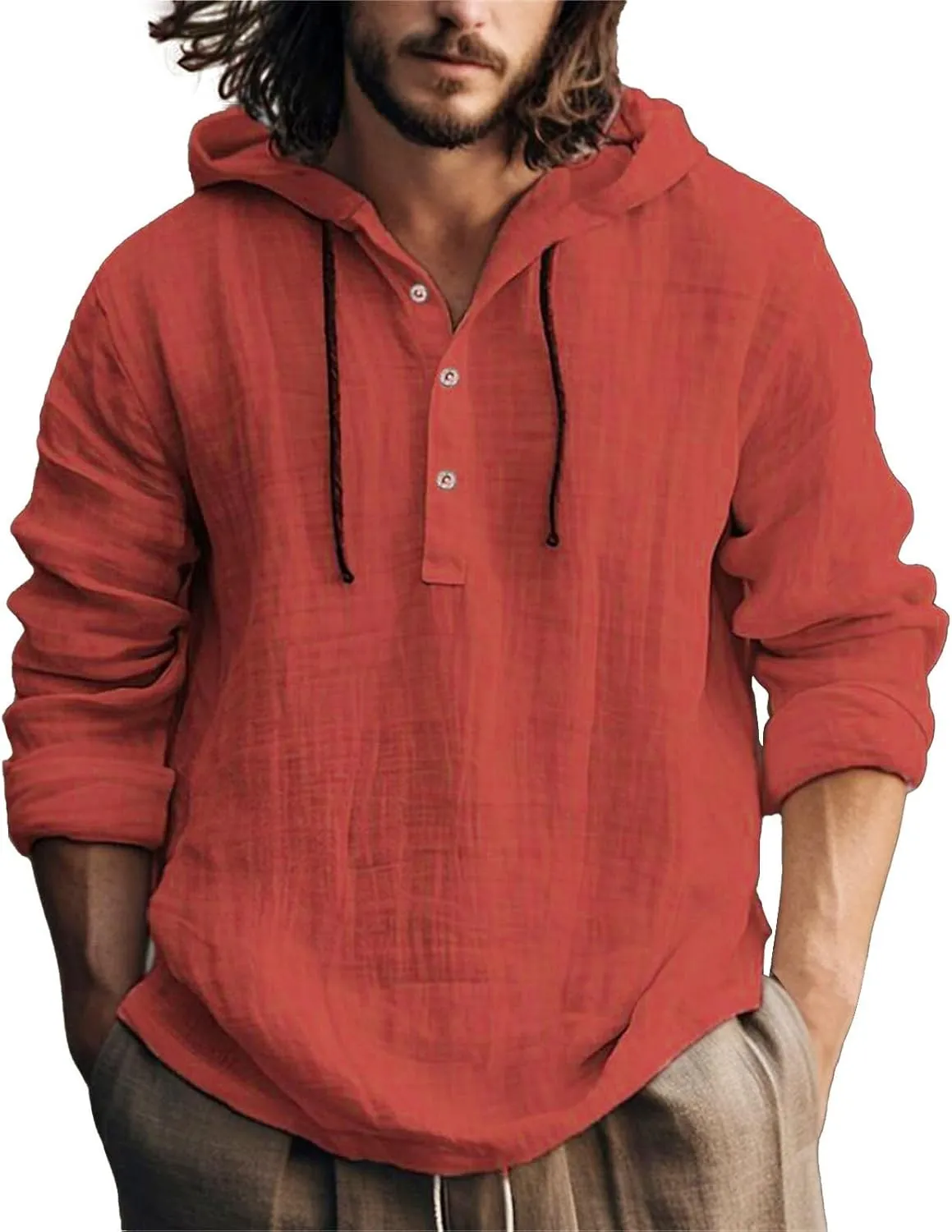 Mens Cotton Linen Henley Shirts with Hood Casual V Neck Drawstring Long Sleeve Hooded Sweatshirt Summer Button Shirt
