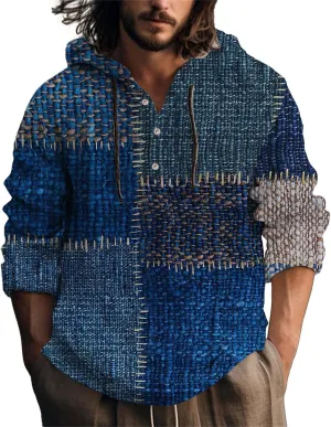 Men's Cotton Linen Sweatshirts with Hood Casual Half Button V Neck Long Sleeve Hooded Shirt Tops Hippie Pullover