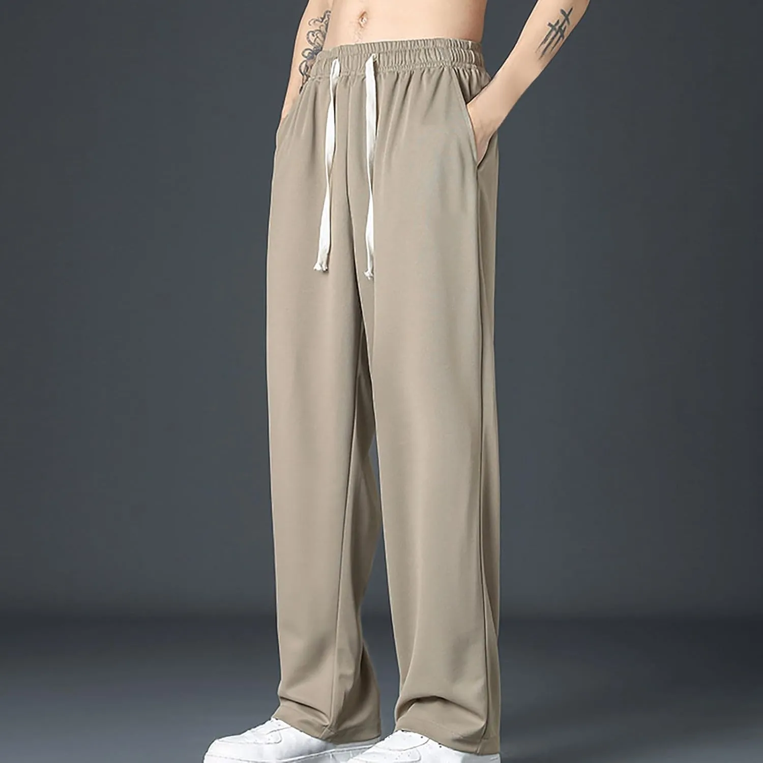 Mens Drawstring Sweatpants Straight Leg Pants Elastic Waist Jogging Pants with Pockets Casual Loose Fit Gym Trousers