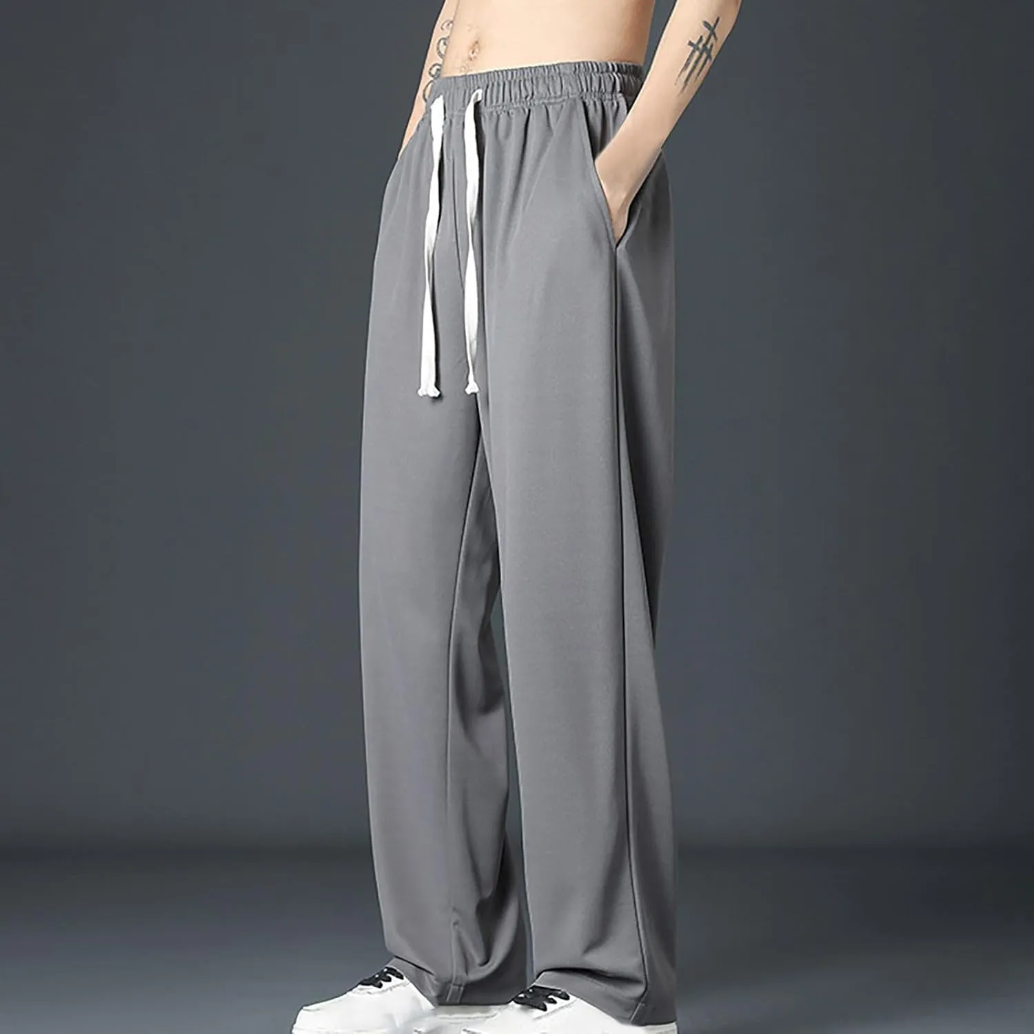 Mens Drawstring Sweatpants Straight Leg Pants Elastic Waist Jogging Pants with Pockets Casual Loose Fit Gym Trousers