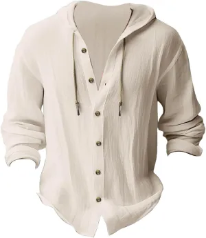 Men's Linen Casual Henley Shirts with Hood Lightweight Button V Neck Long Sleeve Hooded Sweatshirts Hippie Blouse