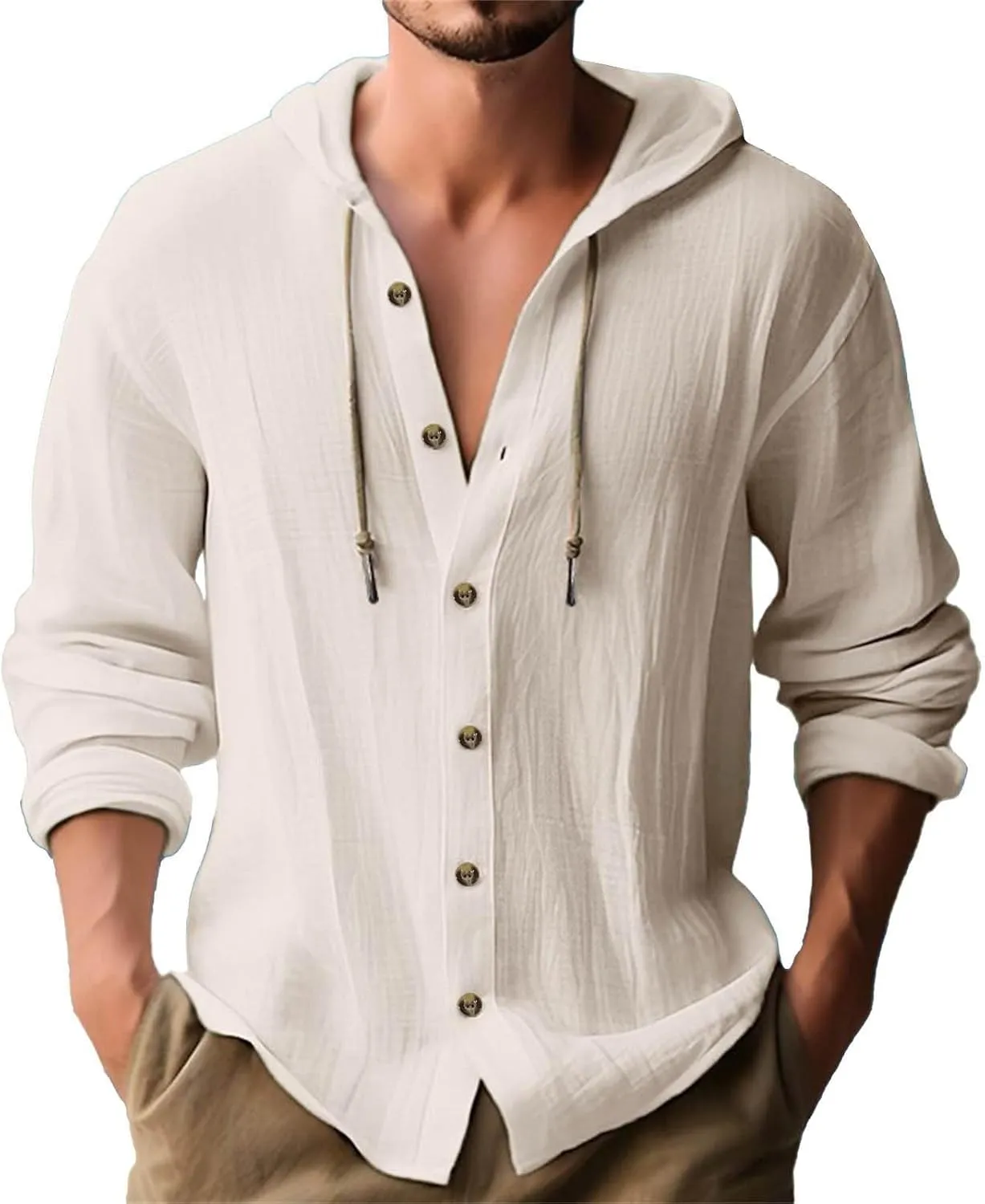 Men's Linen Casual Henley Shirts with Hood Lightweight Button V Neck Long Sleeve Hooded Sweatshirts Hippie Blouse
