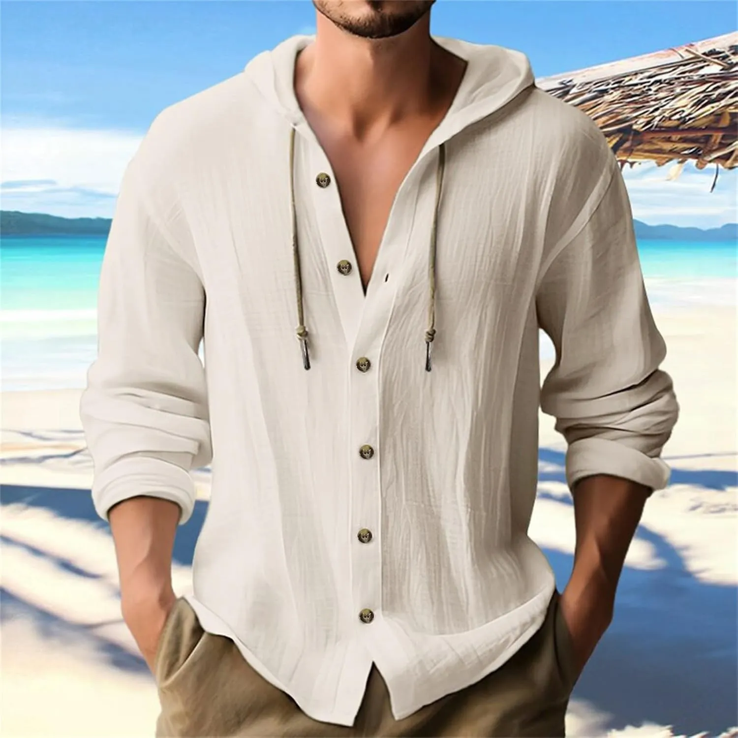 Men's Linen Casual Henley Shirts with Hood Lightweight Button V Neck Long Sleeve Hooded Sweatshirts Hippie Blouse